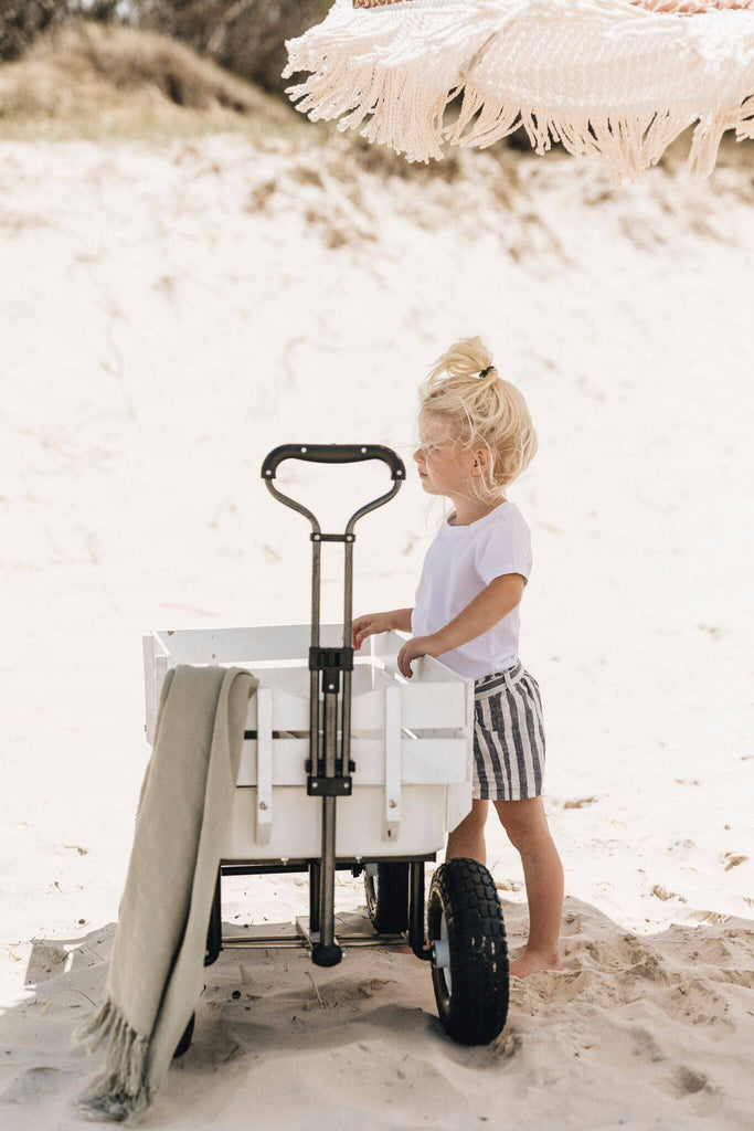 Girl with her cart on the beach
